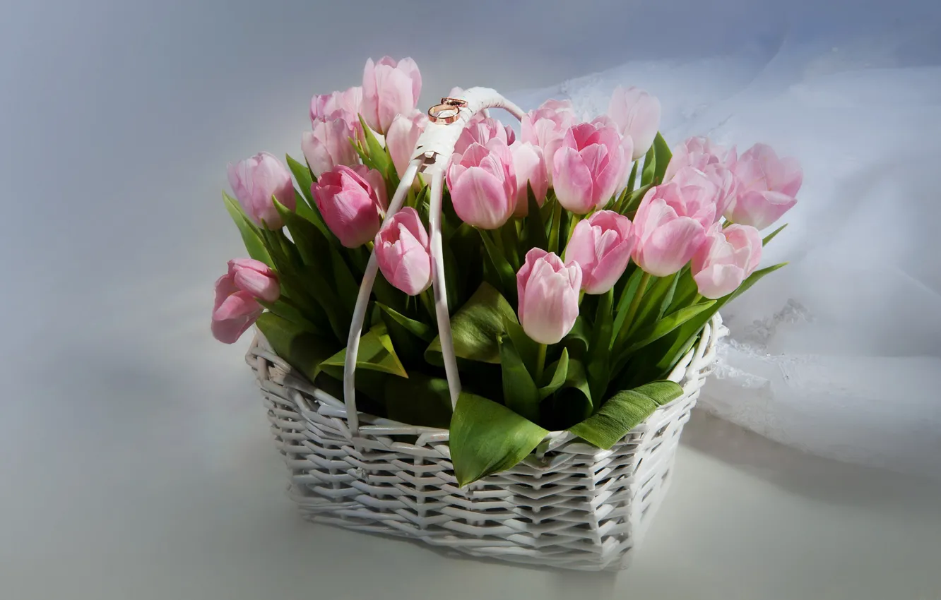 Photo wallpaper flowers, basket, ring, petals, tulips
