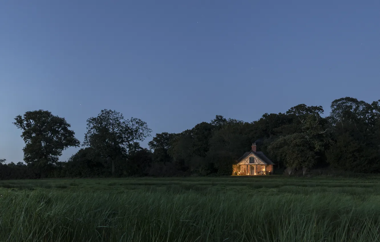 Photo wallpaper field, trees, home, the evening, cottage, Suffolk, Hex