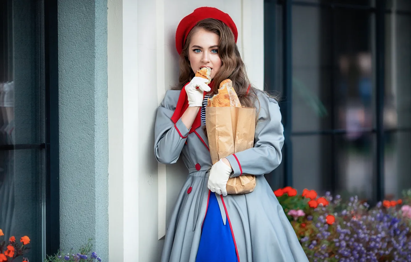 Photo wallpaper girl, the building, Windows, package, bread, gloves, brown hair, cloak
