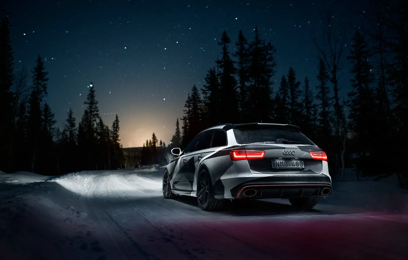 Photo wallpaper Audi, Road, Night, Snow, Forest, Stars, Quattro, Rs6