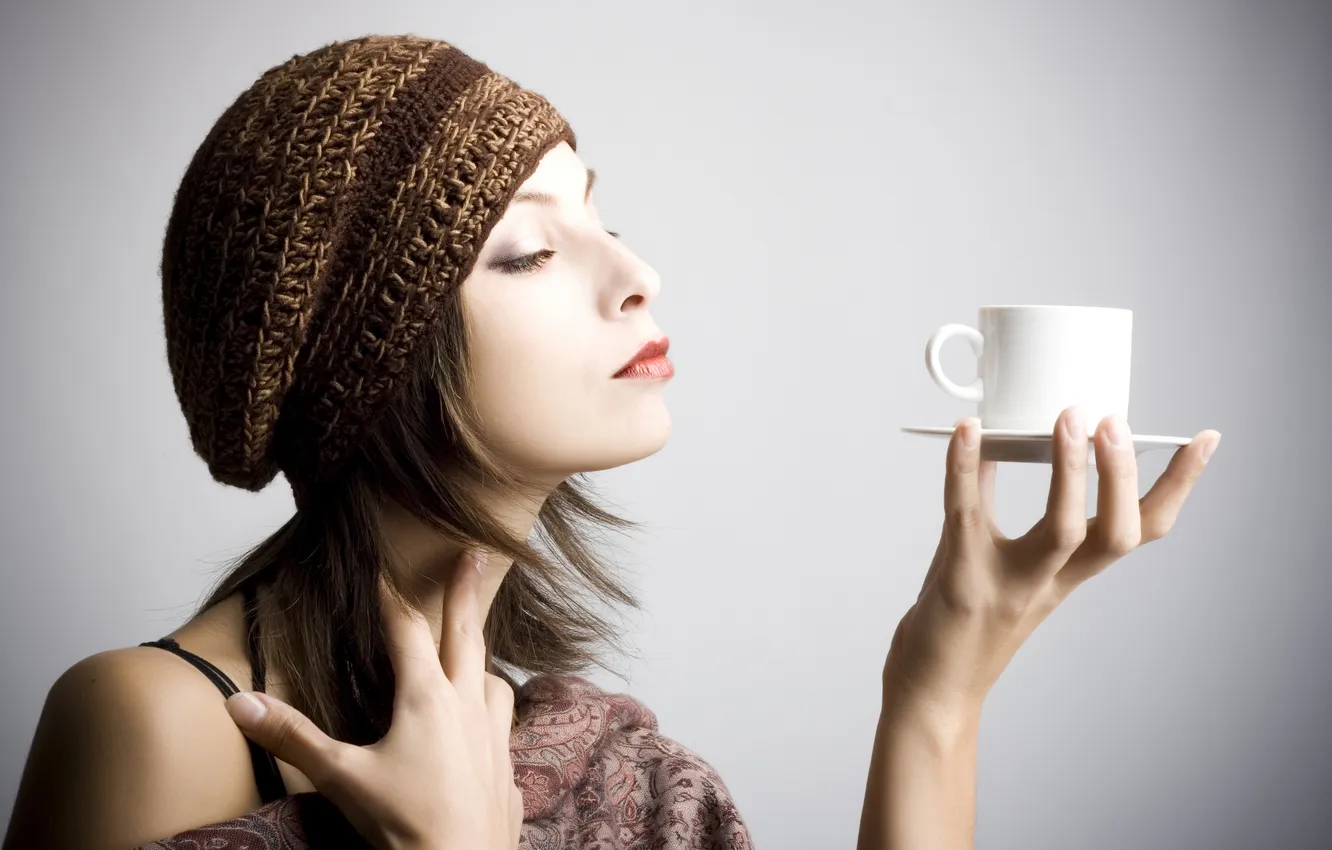 Photo wallpaper girl, Cup, profile, brown hair, takes, saucer