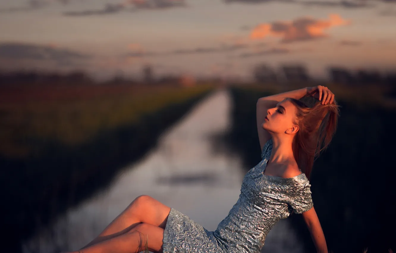 Photo wallpaper girl, clouds, sunset, dress, legs