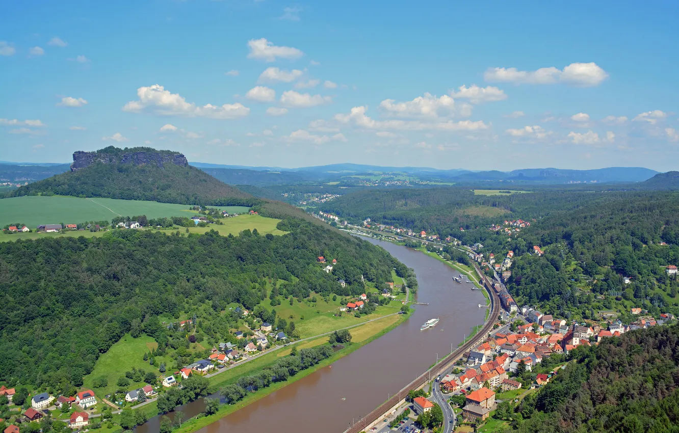 Photo wallpaper the sky, mountains, the city, river, Germany, Elba, Königstein