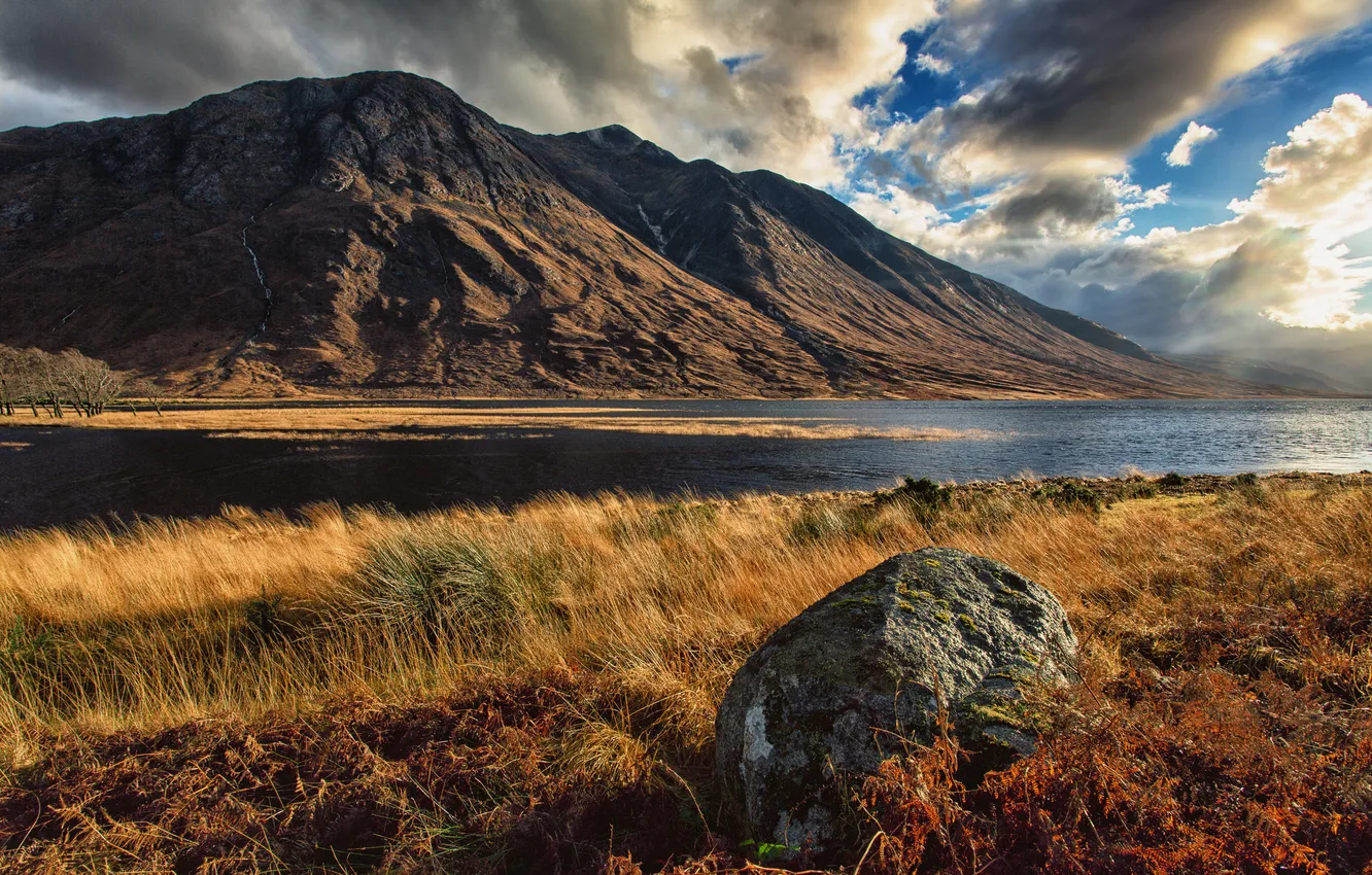 Photo wallpaper the sky, mountains, clouds, lake, stones