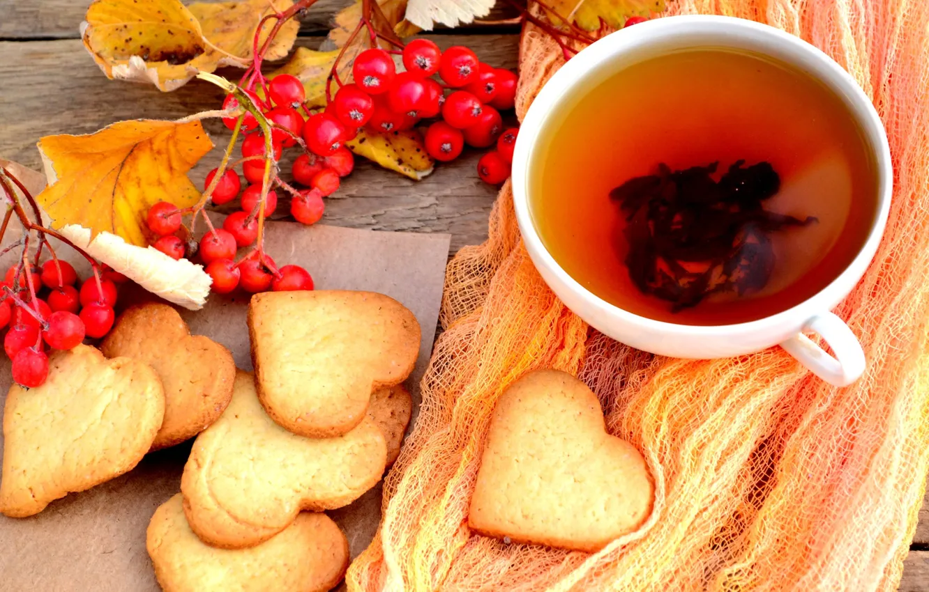 Photo wallpaper tea, heart, cookies, drink