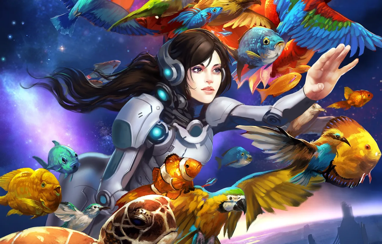 Photo wallpaper girl, space, bird, planet, fish
