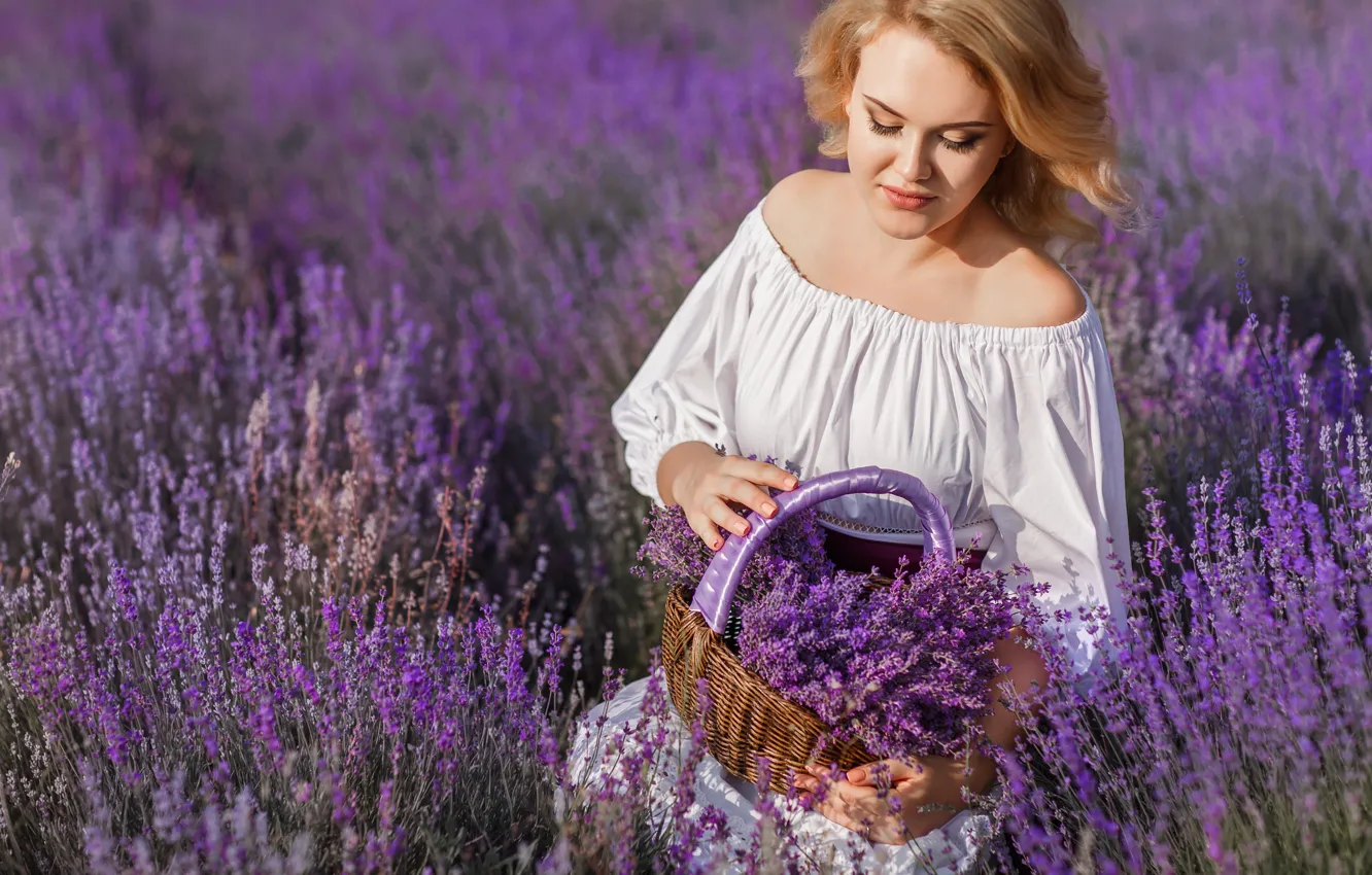 Photo wallpaper field, summer, girl, light, flowers, pose, bouquet, hands
