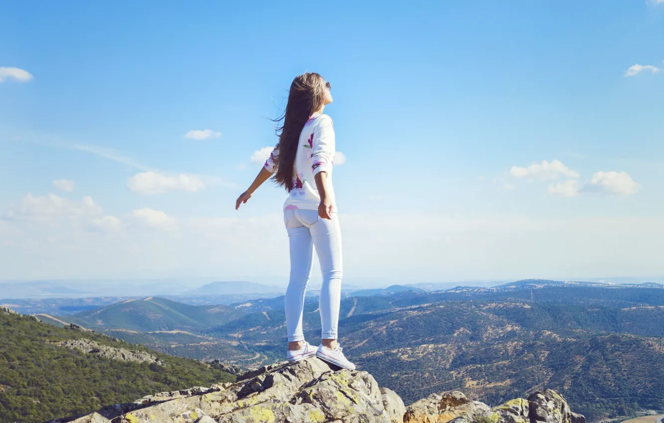 Photo wallpaper the sky, girl, clouds, hills