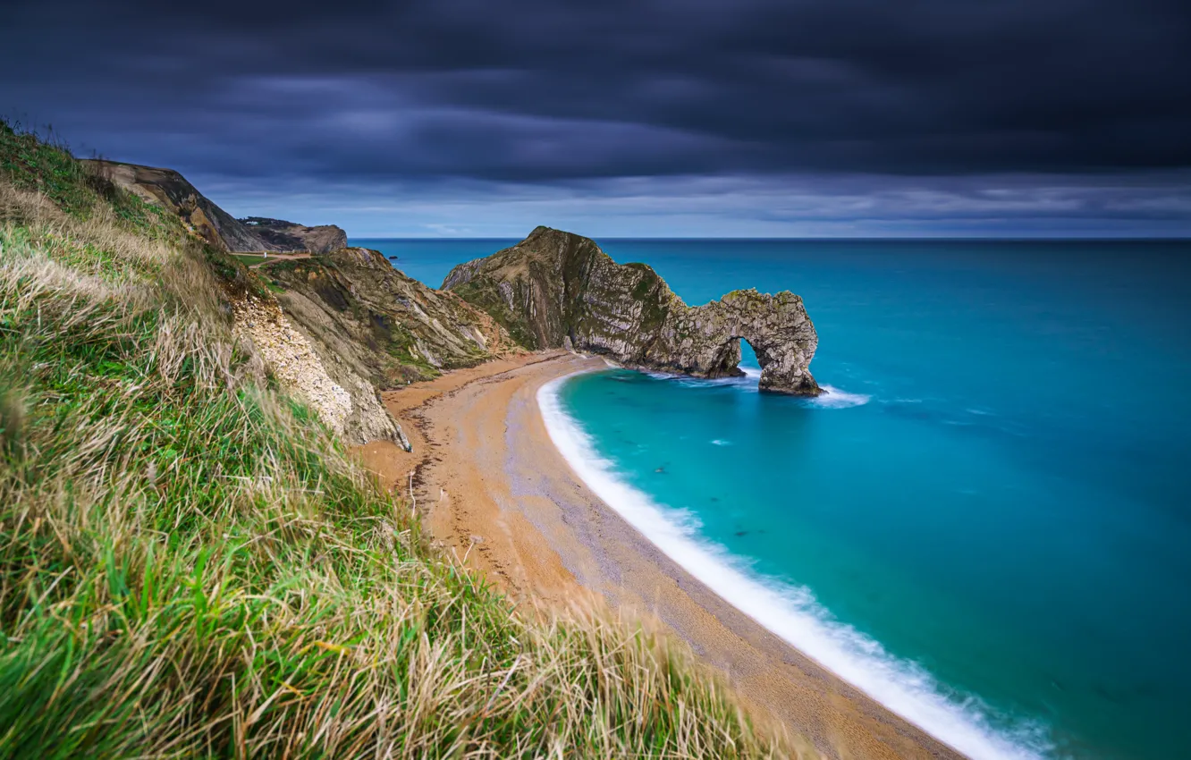 Photo wallpaper sea, beach, grass, rocks, coast, England, England, The Channel