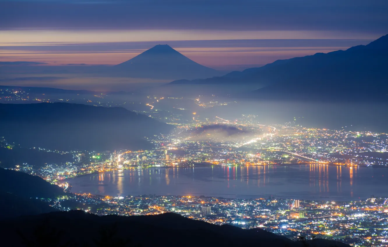 Photo wallpaper city, the city, lights, lights, lake, mountain, Japan, Japan