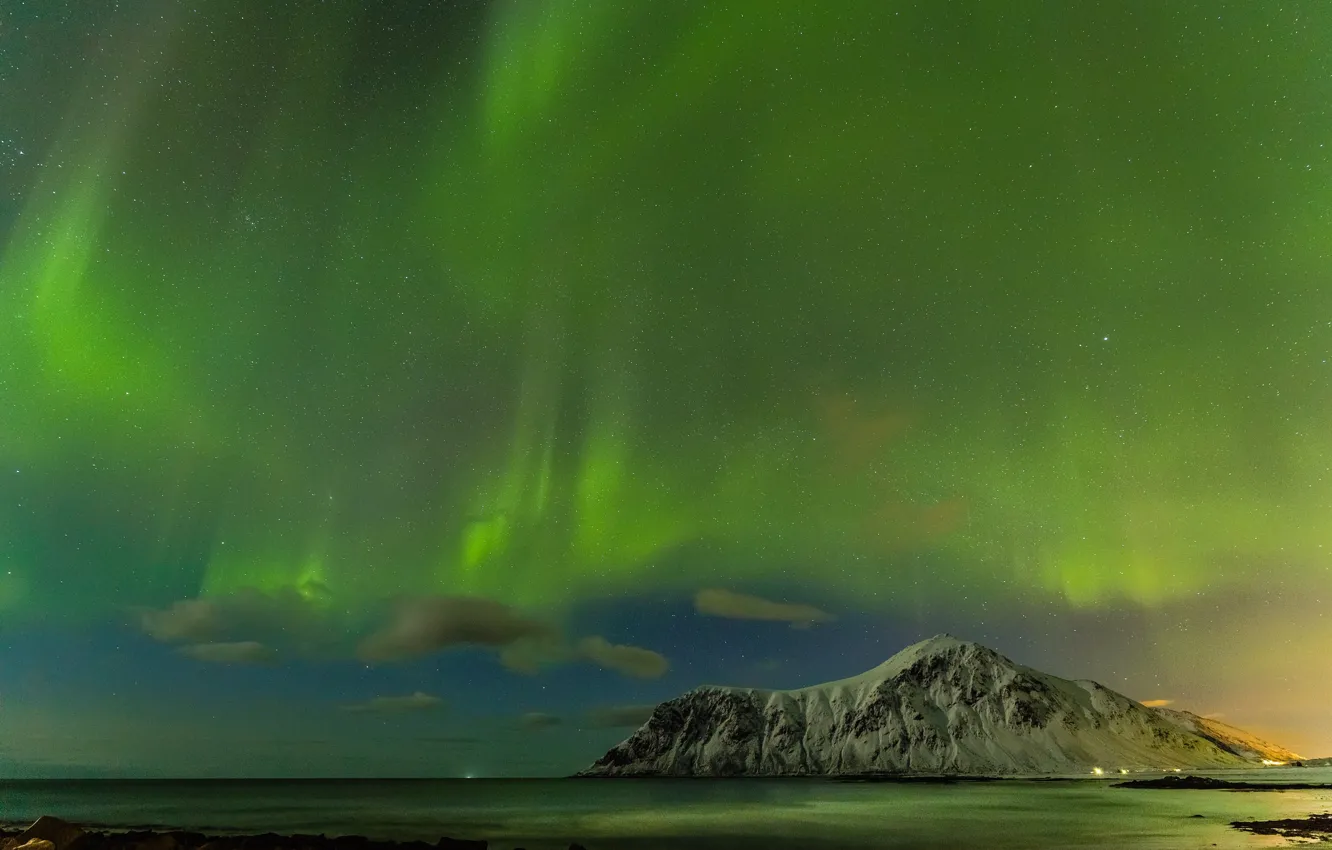 Photo wallpaper sea, stars, mountains, night, Northern lights, Iceland
