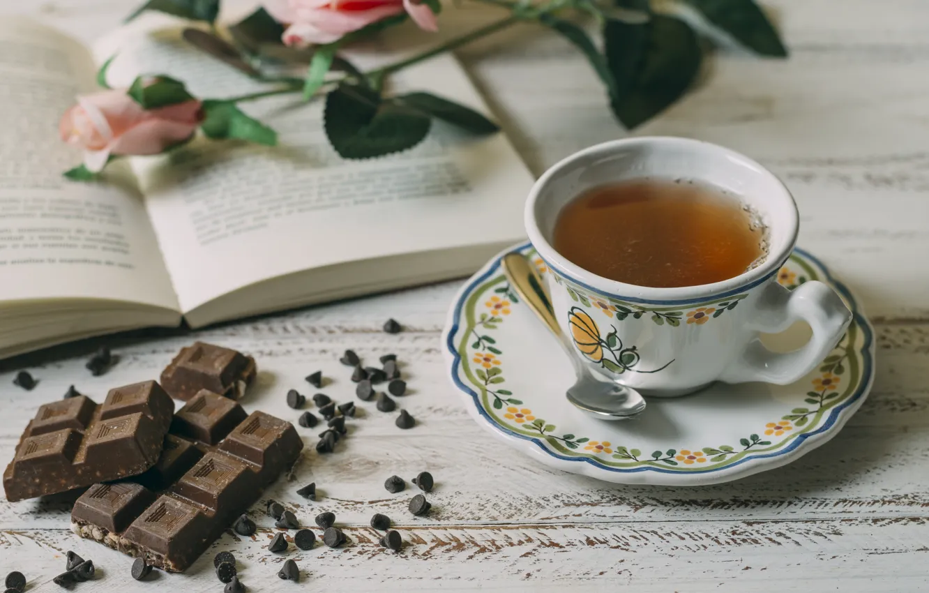 Wallpaper chocolate, roses, bouquet, Cup, book, Chai for mobile and