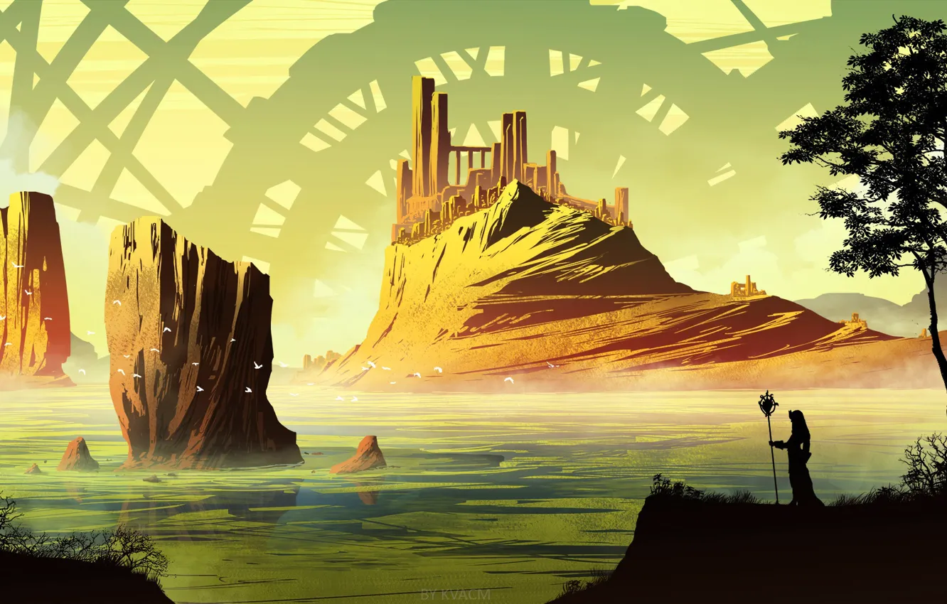 Photo wallpaper trees, rocks, bird, pond, Workshop