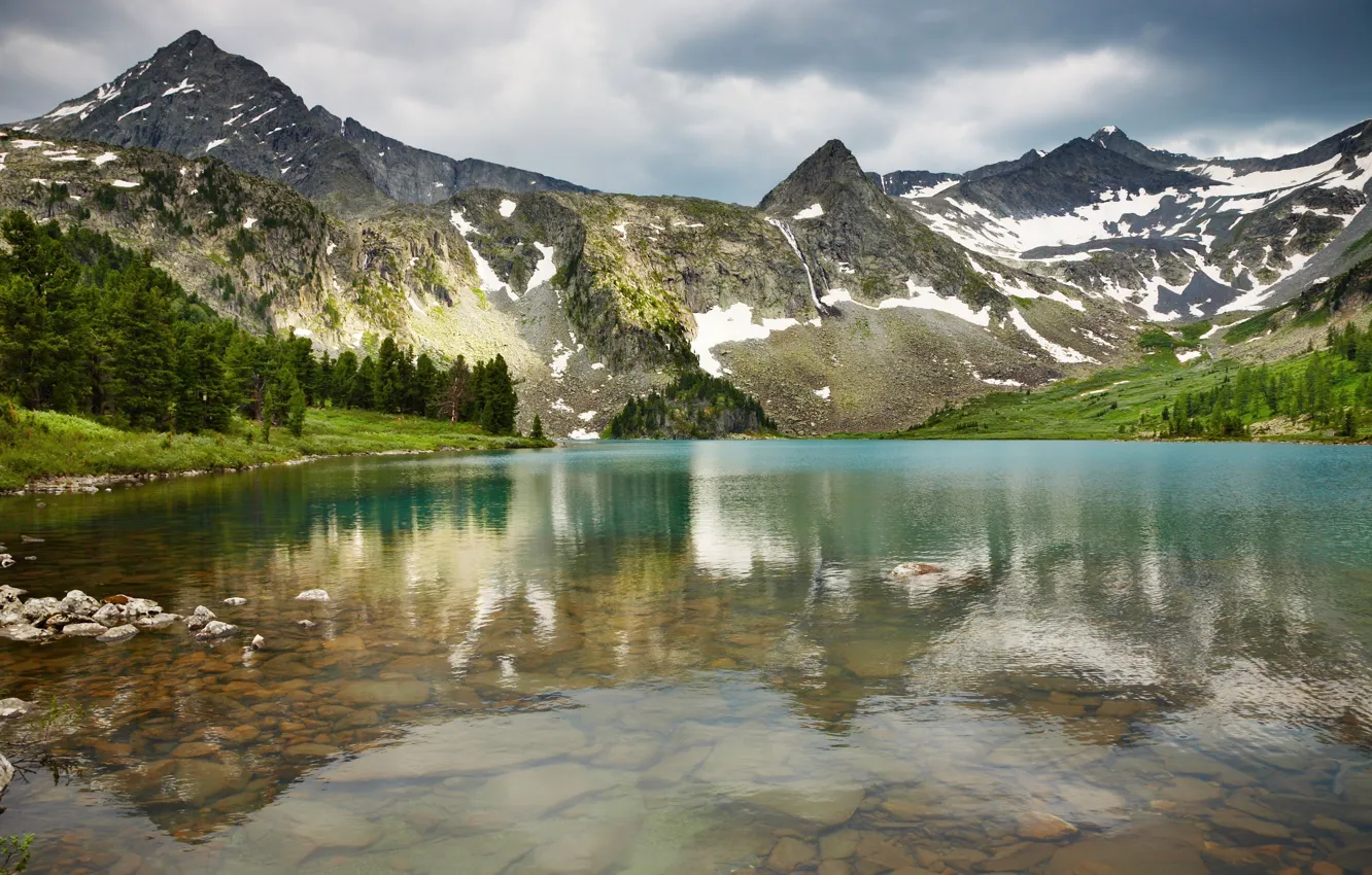 Photo wallpaper the sky, trees, mountains, clouds, nature, lake, overcast, rocks