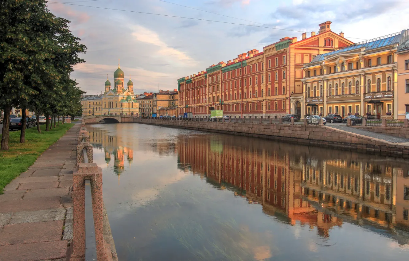 Photo wallpaper bridge, reflection, building, home, Saint Petersburg, Church, channel, Russia