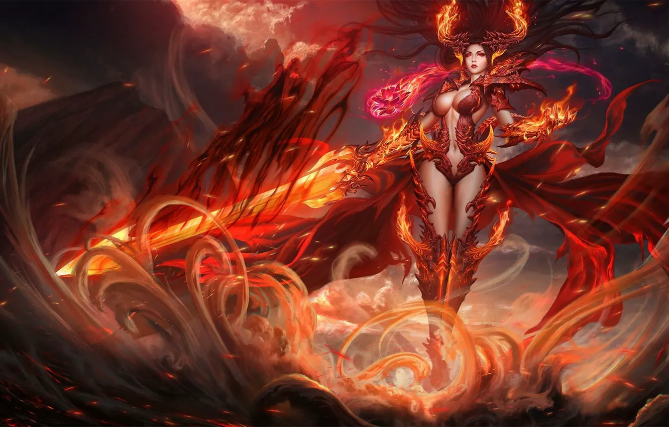 Photo wallpaper girl, lights, style, fiction, flame, magic, sword, armor