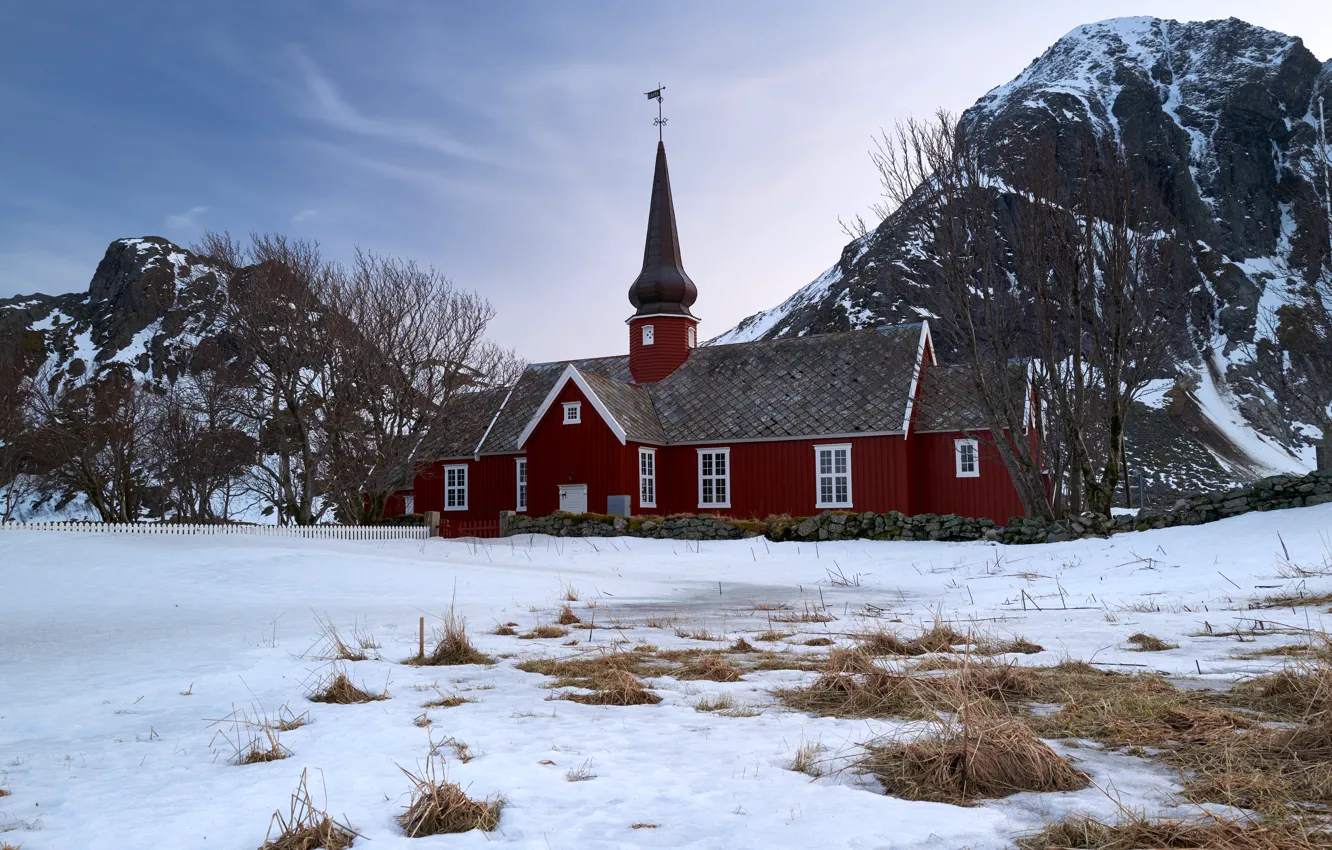Photo wallpaper winter, field, the sky, snow, mountains, rocks, building, home