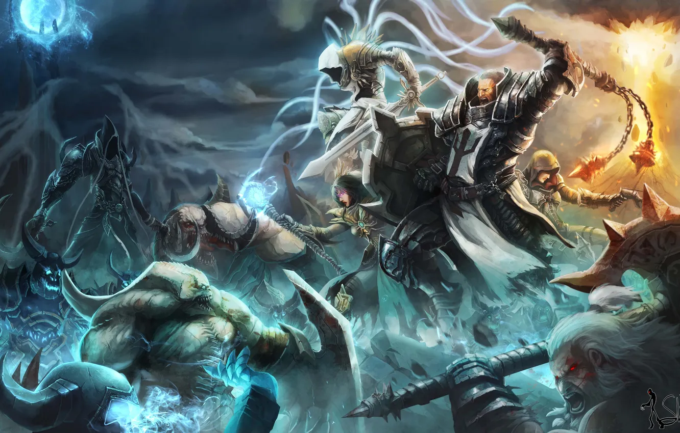 Photo wallpaper art, battle, Diablo 3, characters, undead, barbarian, Demon Hunter, Barbarian