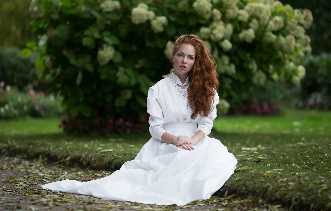 Photo wallpaper look, girl, white, model, portrait, surprise, garden, dress