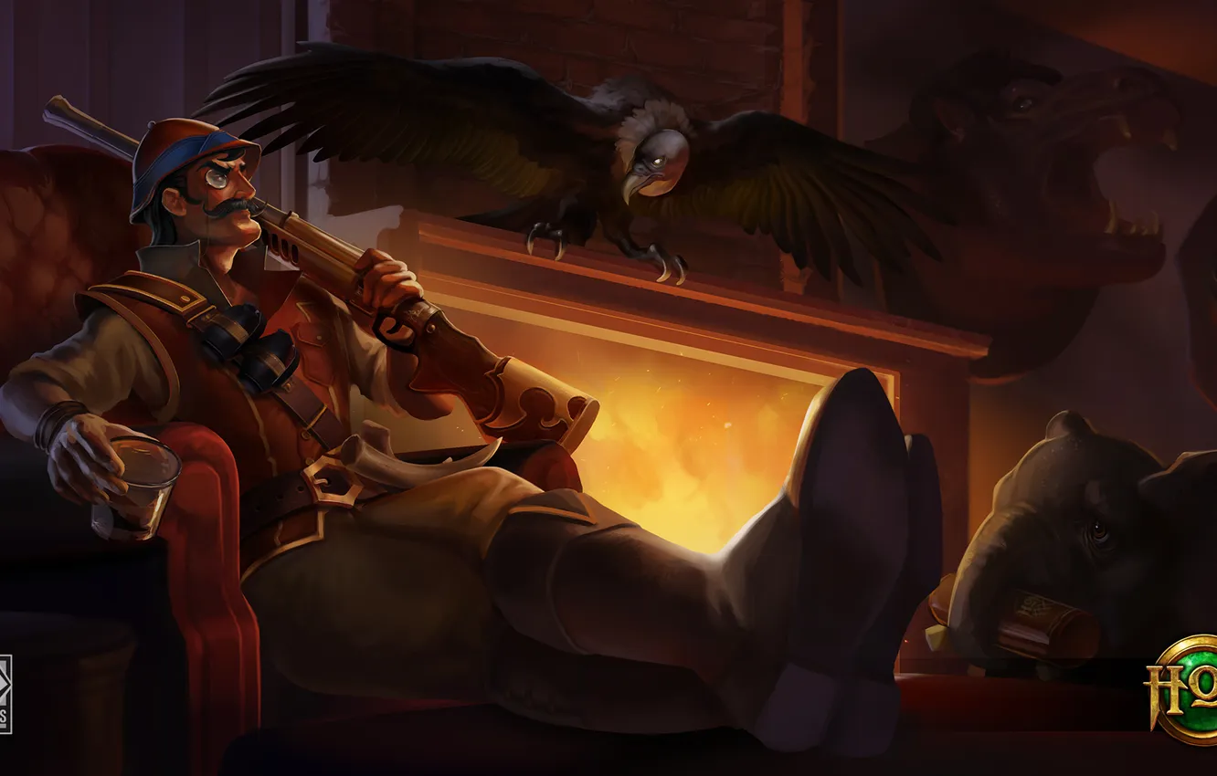 Photo wallpaper the gun, vulture, hunter, art, Heroes of Newerth, Klanx, Safari Linux