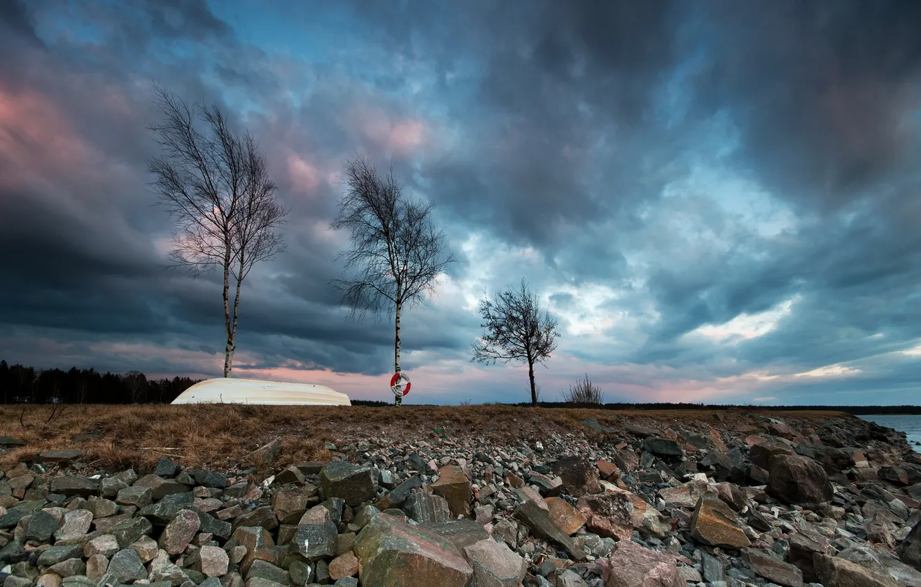 Photo wallpaper the sky, landscape, river, boat