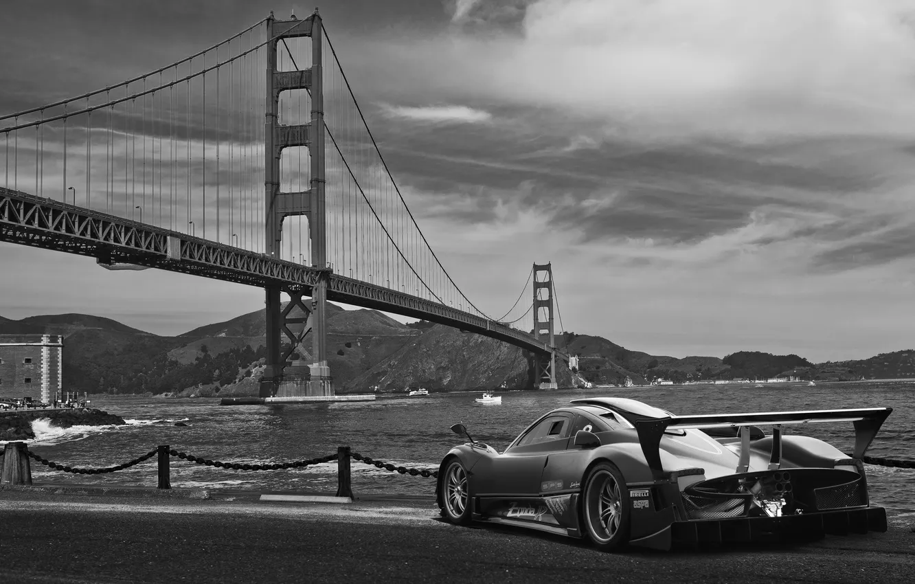 Photo wallpaper the sky, Pagani, Golden Gate Bridge, San Francisco, promenade, sea, San Francisco, black and white …