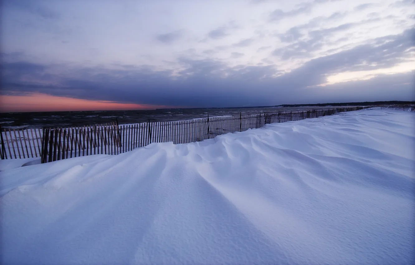 Photo wallpaper winter, sea, the sky, clouds, snow, sunset, the fence