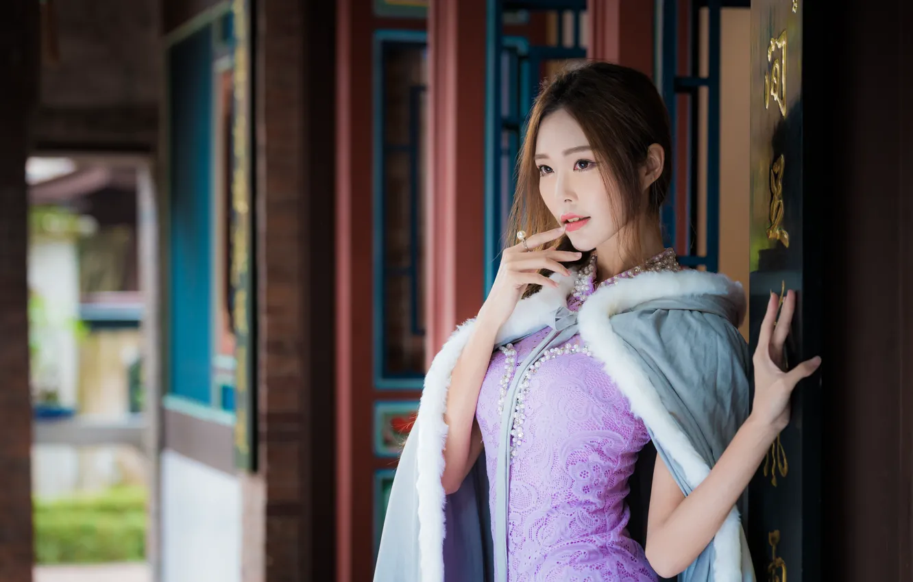 Photo wallpaper girl, dress, Asian, Cape, bokeh