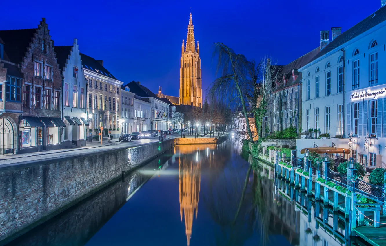 Photo wallpaper night, lights, tower, home, Church, channel, Belgium, Bruges