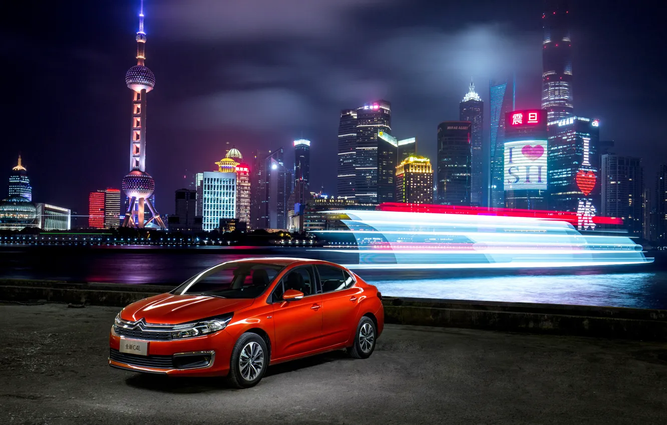 Photo wallpaper night, the city, excerpt, Citroen, Citroen, red, megapolis, metallic