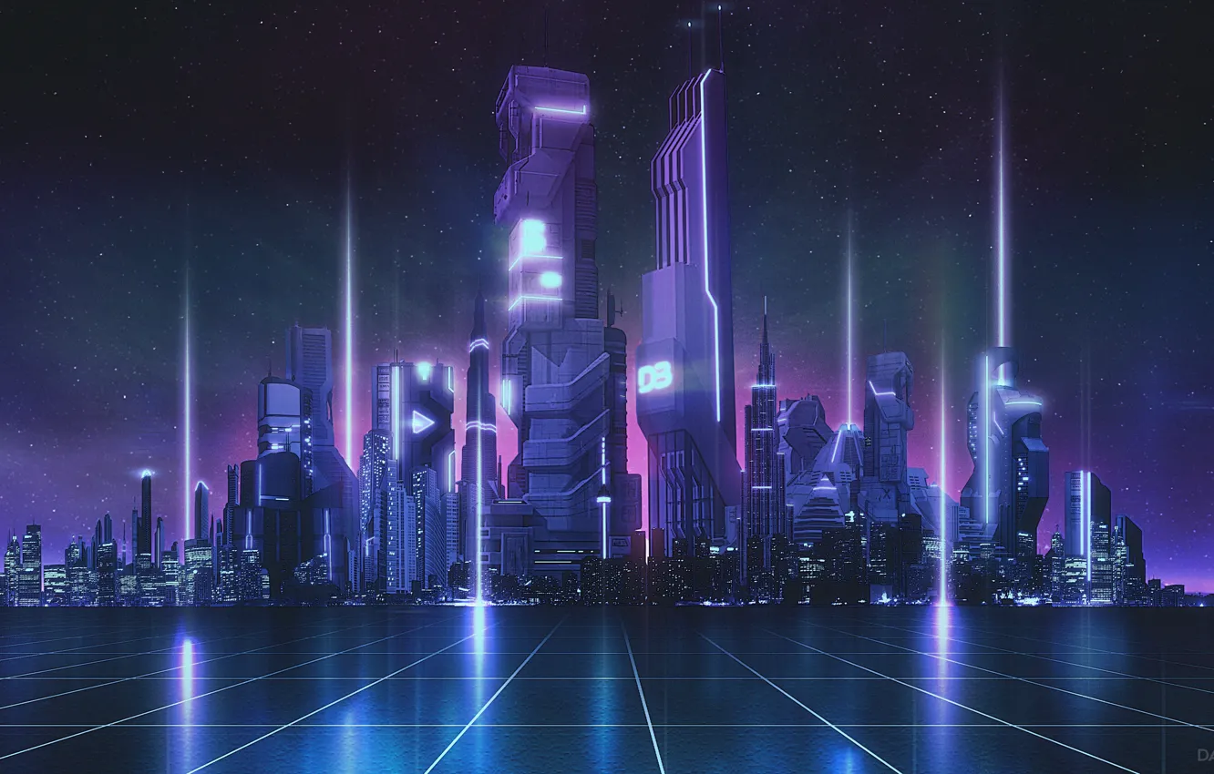 Photo wallpaper city, Neon, buildings