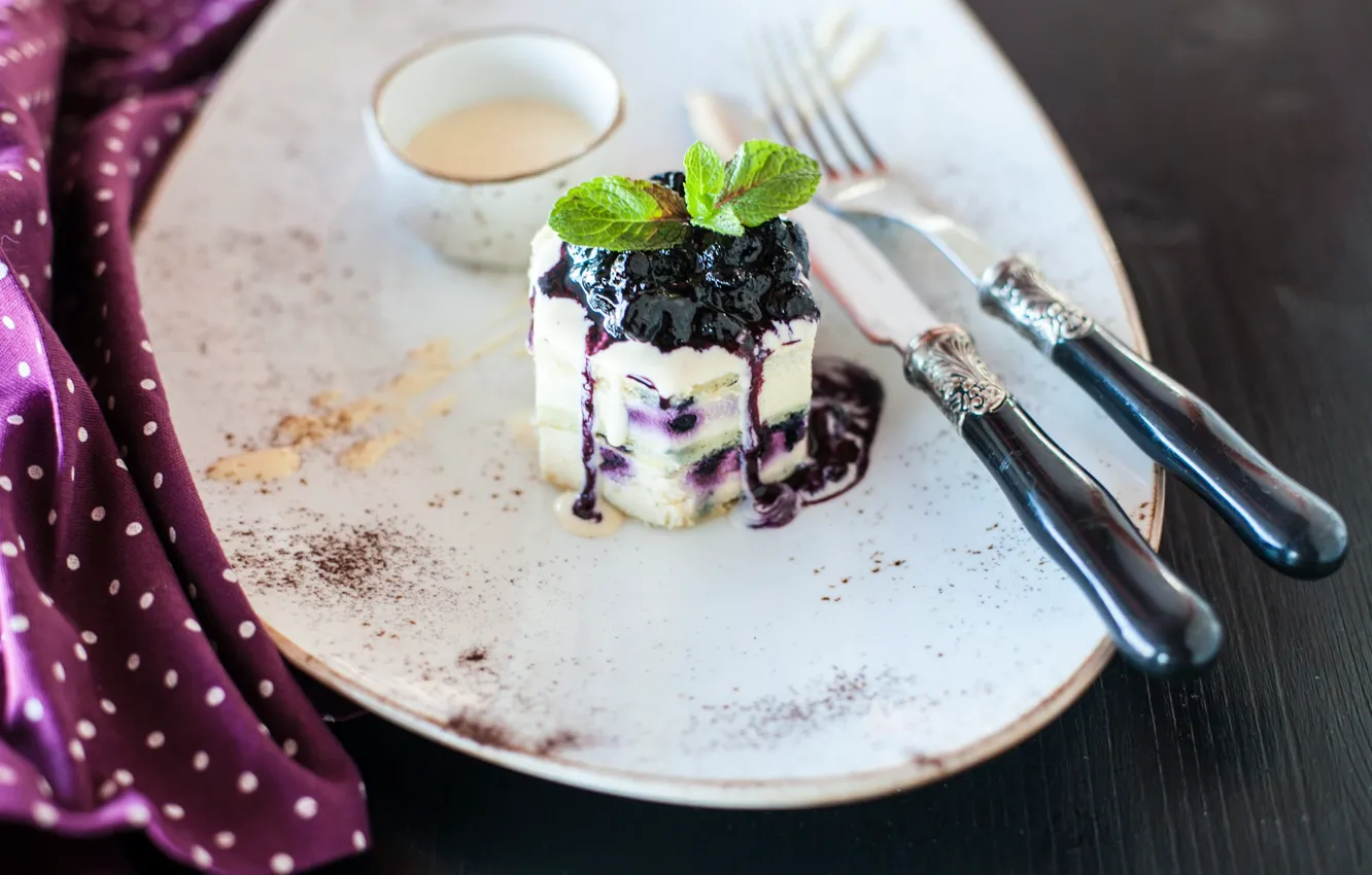 Photo wallpaper berries, spoon, mint, dessert, cheese