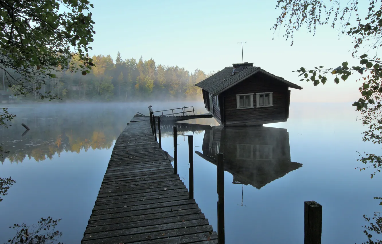Photo wallpaper forest, lake, posts, pierce, house, the bridge