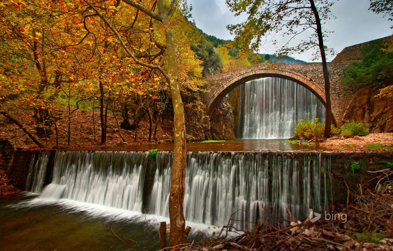Photo wallpaper autumn, the sky, trees, bridge, river, waterfall, Greece, Trikala