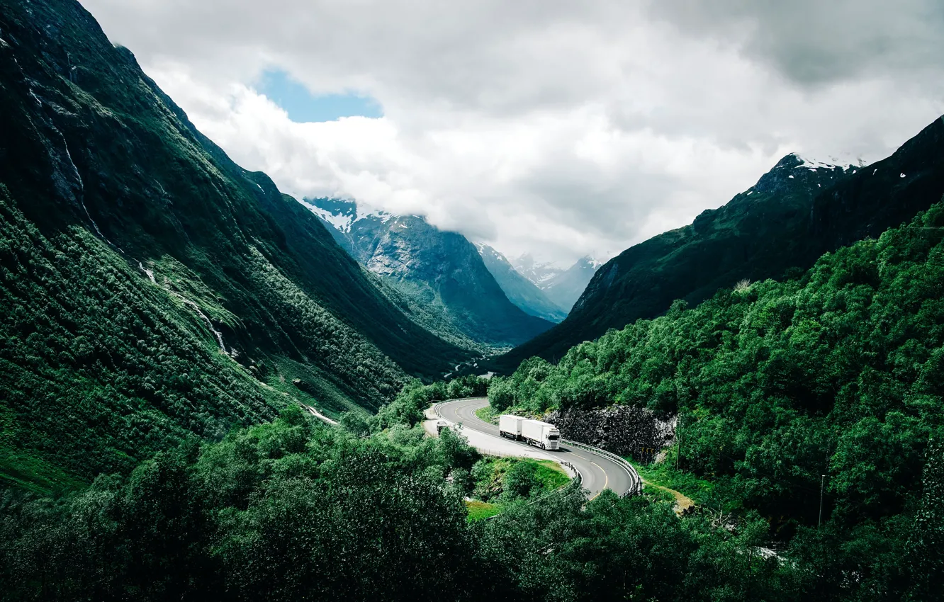 Photo wallpaper trees, landscape, nature, wood, clouds, mountain, street, truck