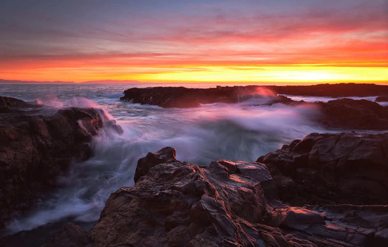 Photo wallpaper sea, sunset, rocks, shore