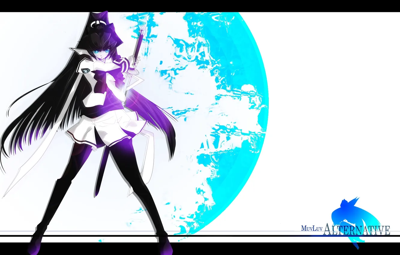 Photo wallpaper planet, katana, white background, mini skirt, MuvLuv Alternative, Matsuru Soon Meiya
