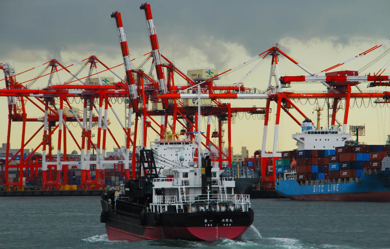 Photo wallpaper Port, The ship, Cranes, Terminal, Feed, Zaton, Cargo operations, The cargo ship