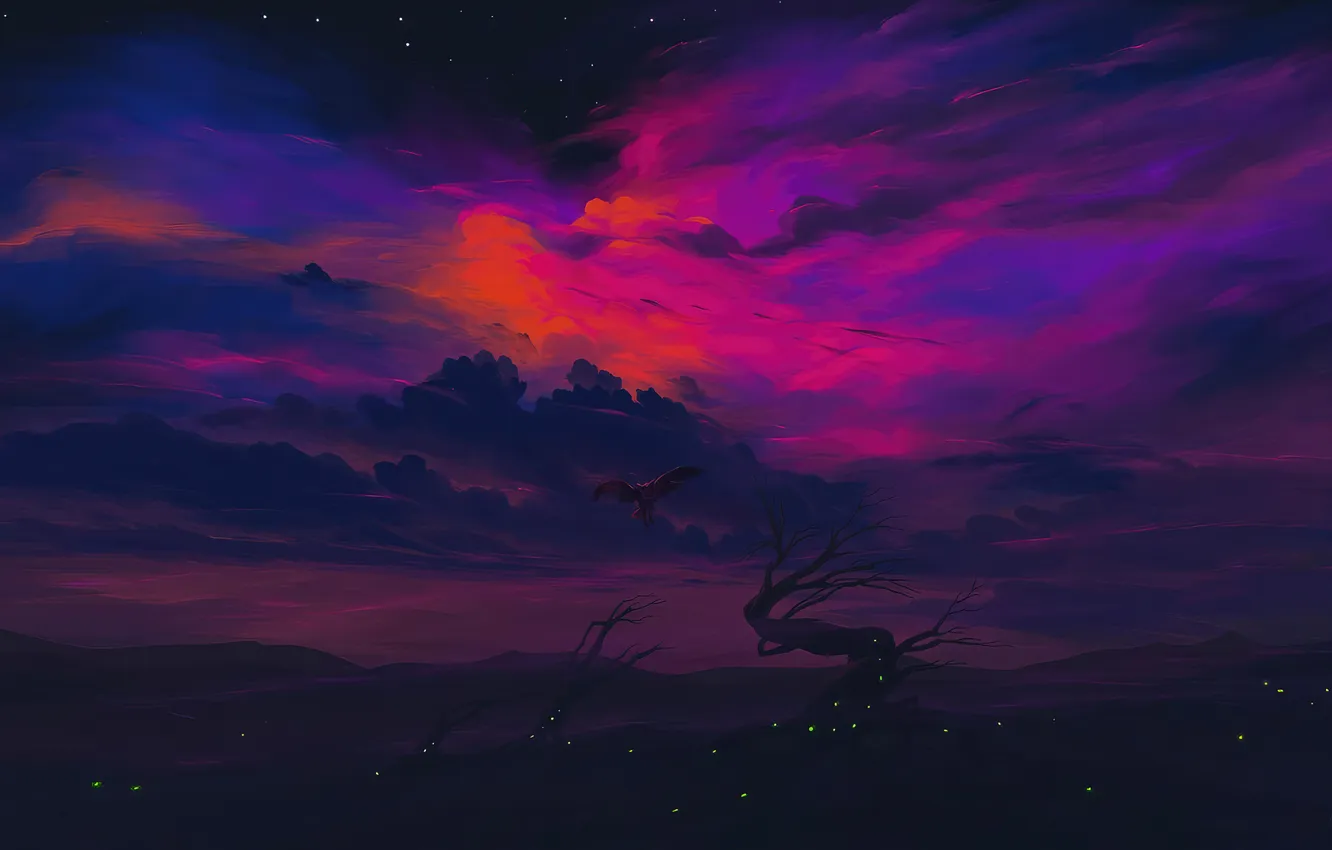 Photo wallpaper trees, flight, night, clouds, lights, owl, bird, bird