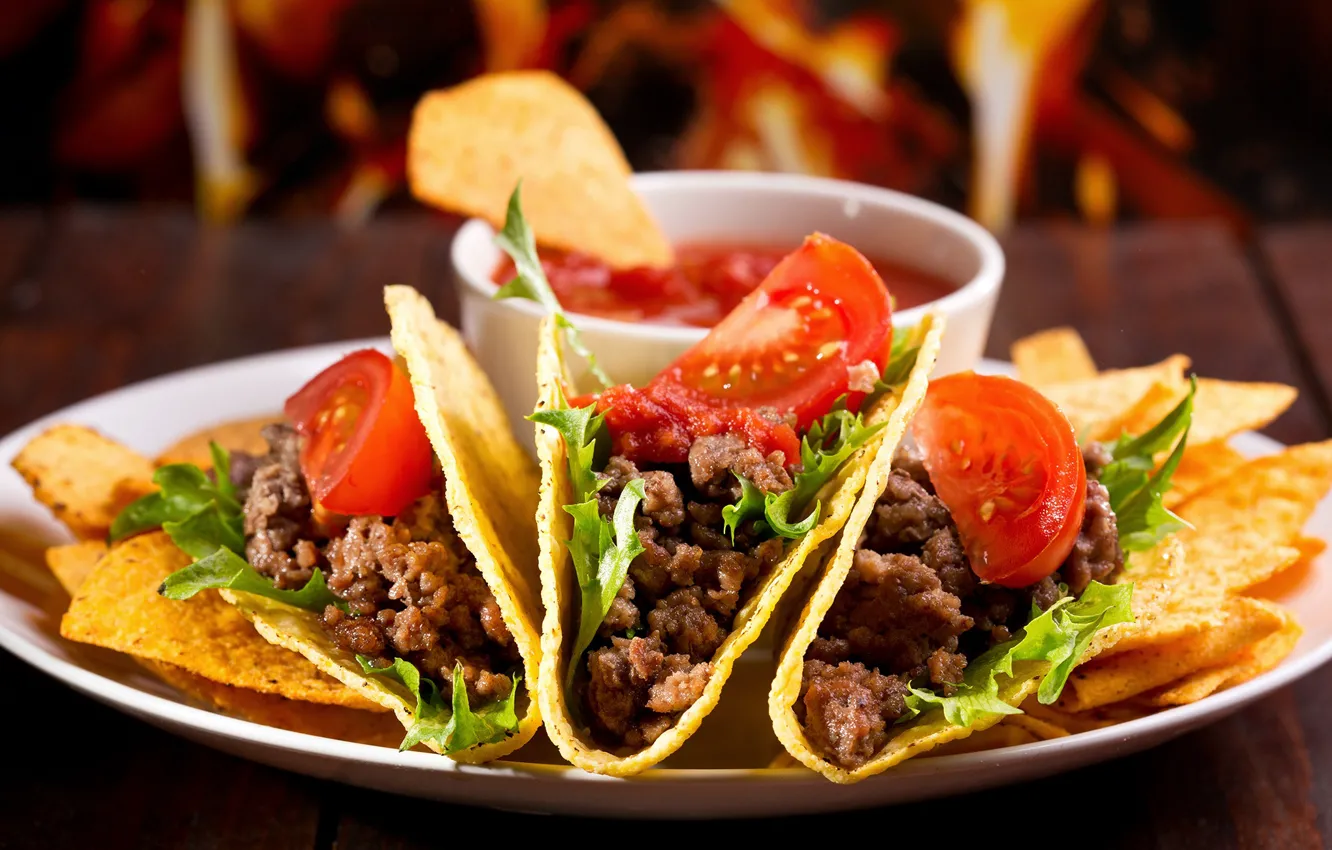 Photo wallpaper Tacos, tomatoes, chips, dish, meat
