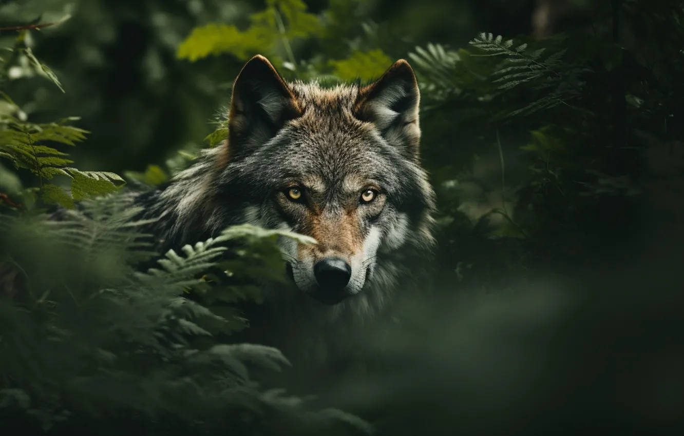 Photo wallpaper grass, look, face, wolf, digital art, AI art, The Art of Artificial Intelligence, neural network