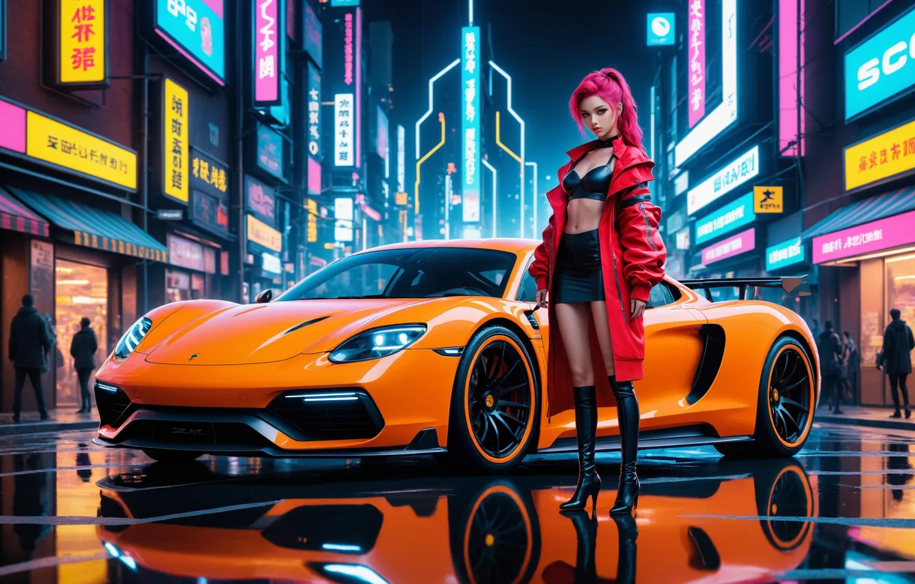Photo wallpaper car, city, Porsche, rain, night, neon, women, reflection