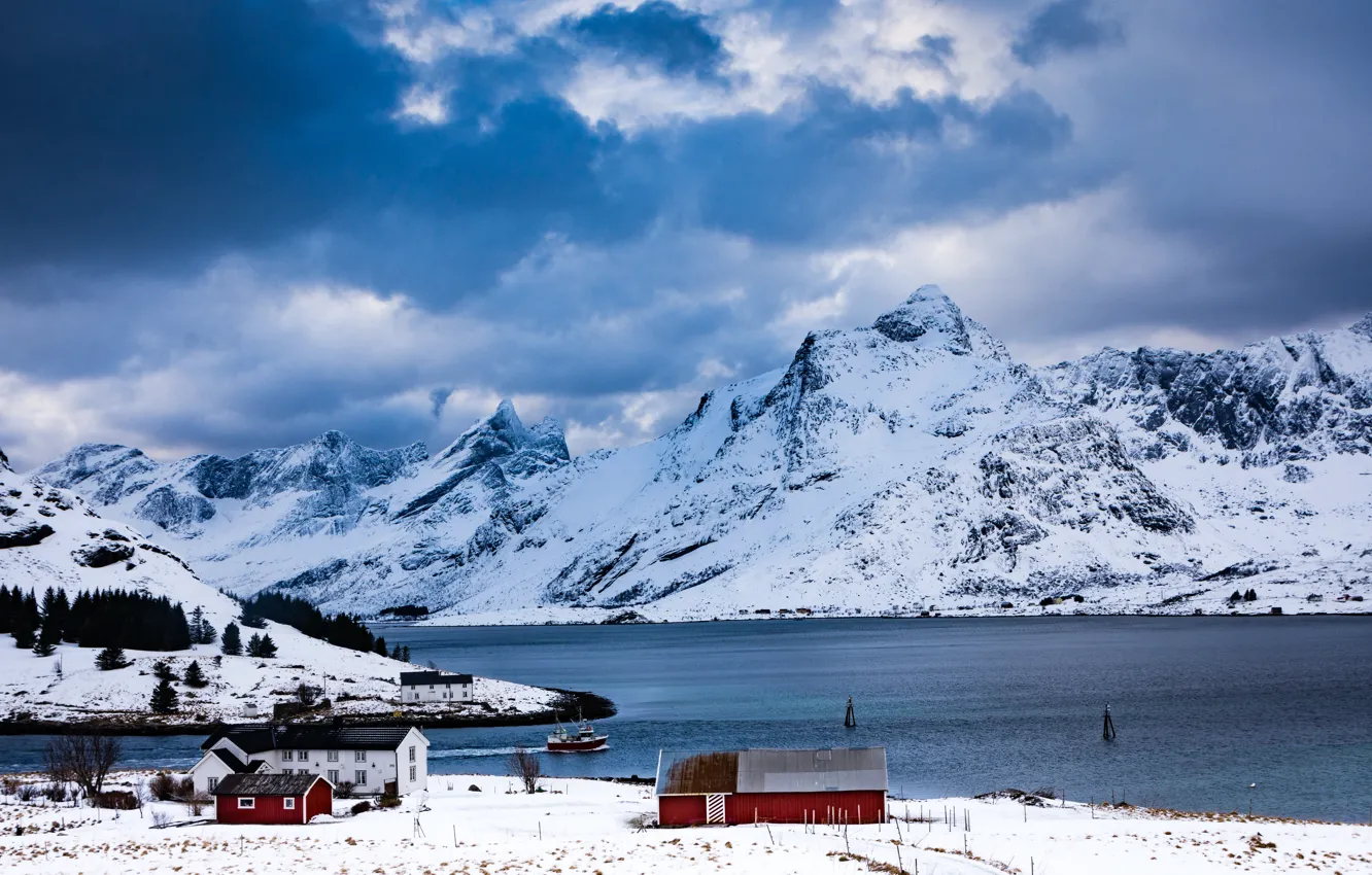Photo wallpaper winter, the sky, clouds, snow, mountains, blue, rocks, shore