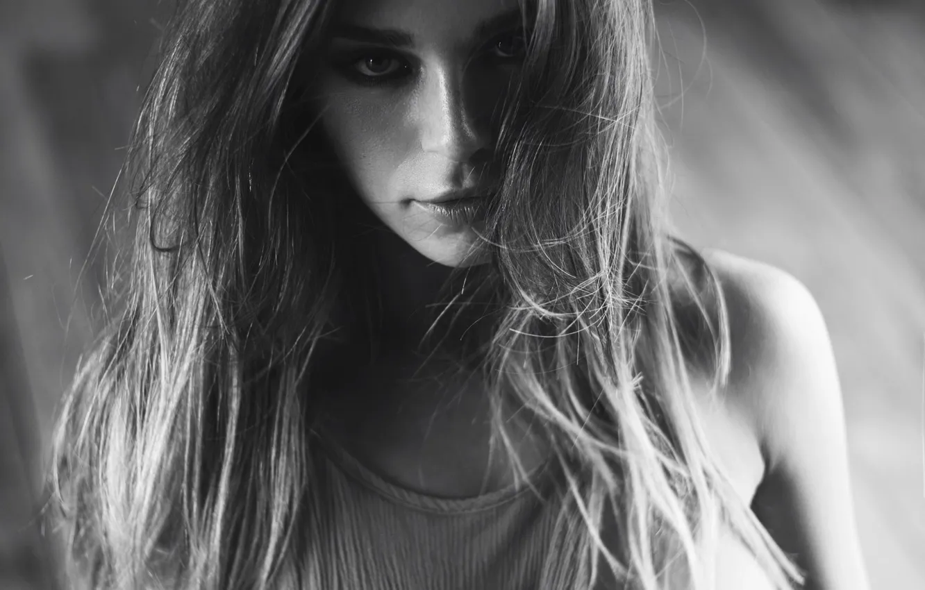 Photo wallpaper girl, close-up, eyes, beautiful, face, hair, black and white, lovely