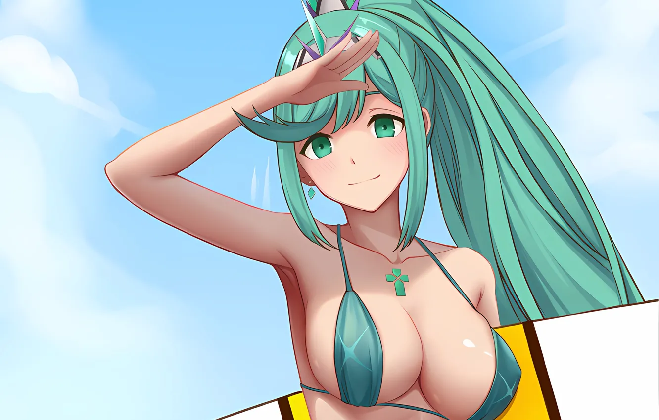 Photo wallpaper girl, sexy, cleavage, green eyes, long hair, boobs, anime, beautiful