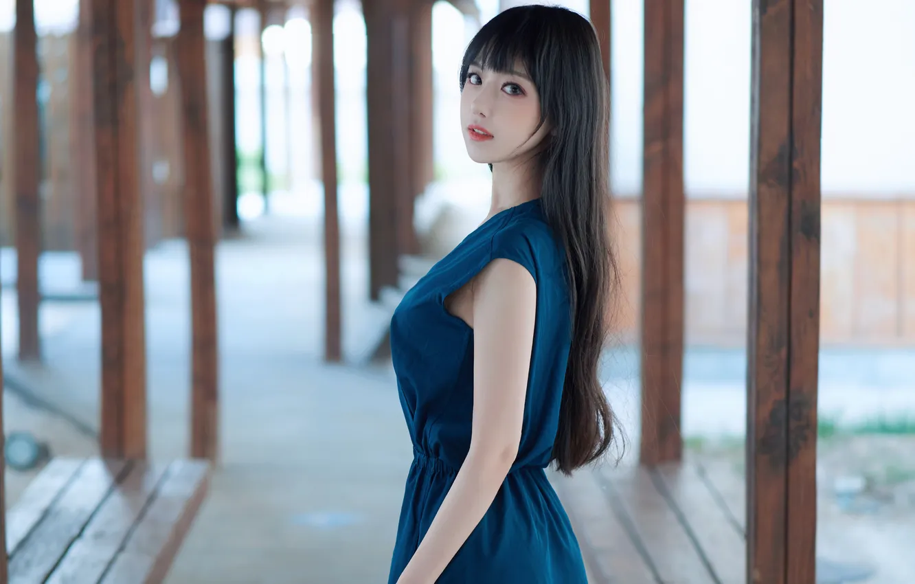 Photo wallpaper long hair, dress, women, asian, black hair, outdoors, blue dress, Shika XiaoLu