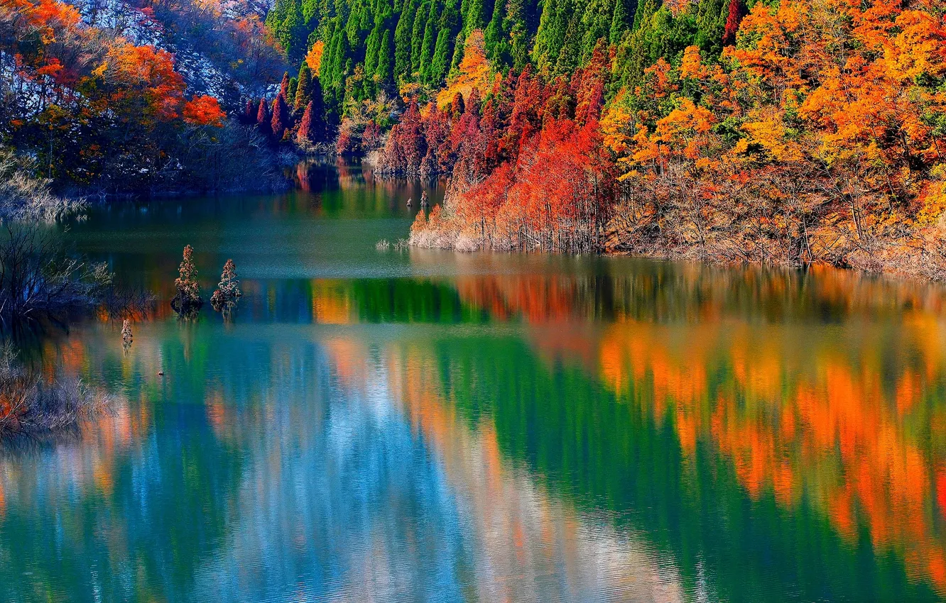 Photo wallpaper autumn, trees, mountains, lake, reflection, slope
