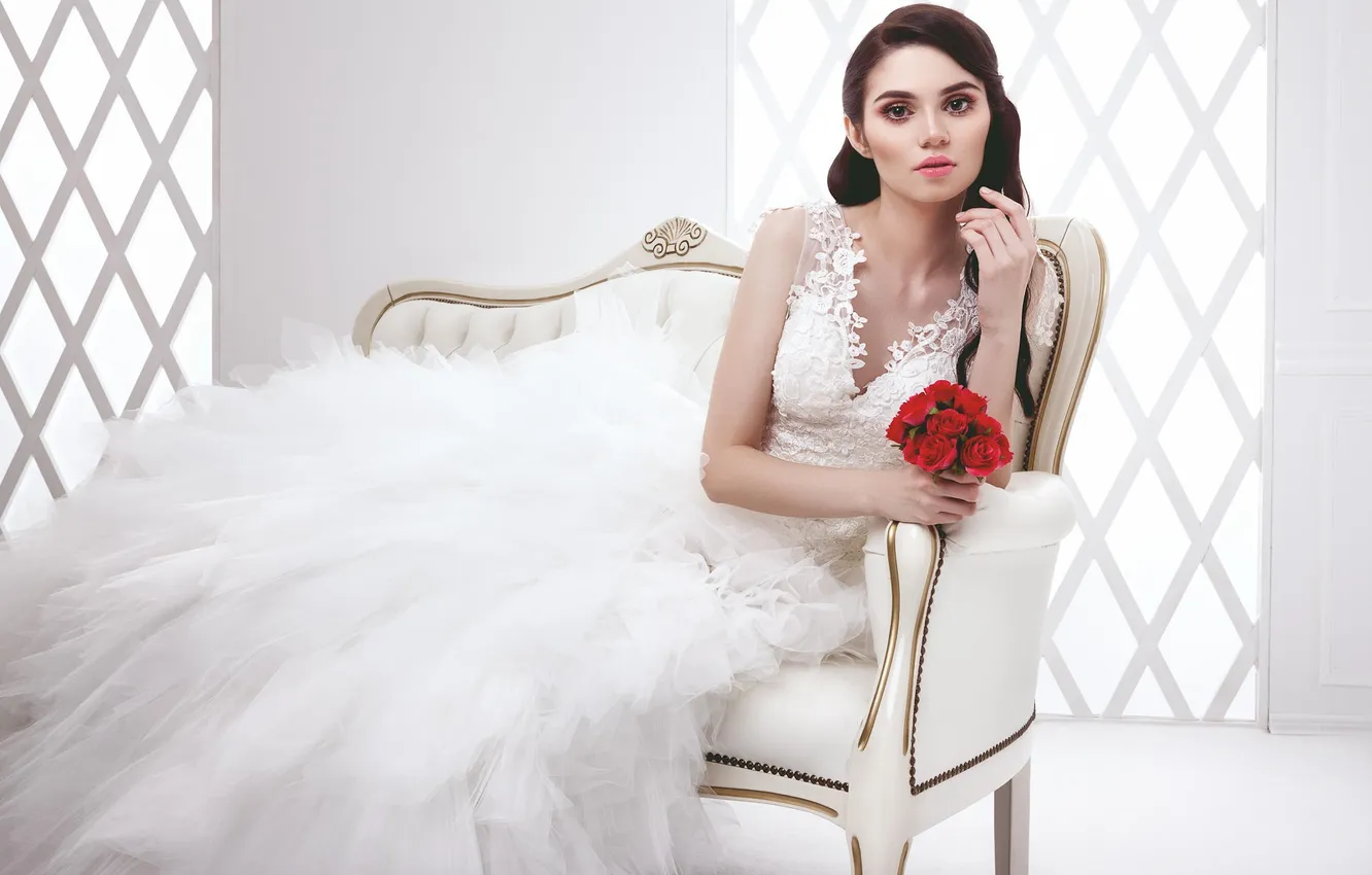 Photo wallpaper room, bouquet, chair, dress, the bride