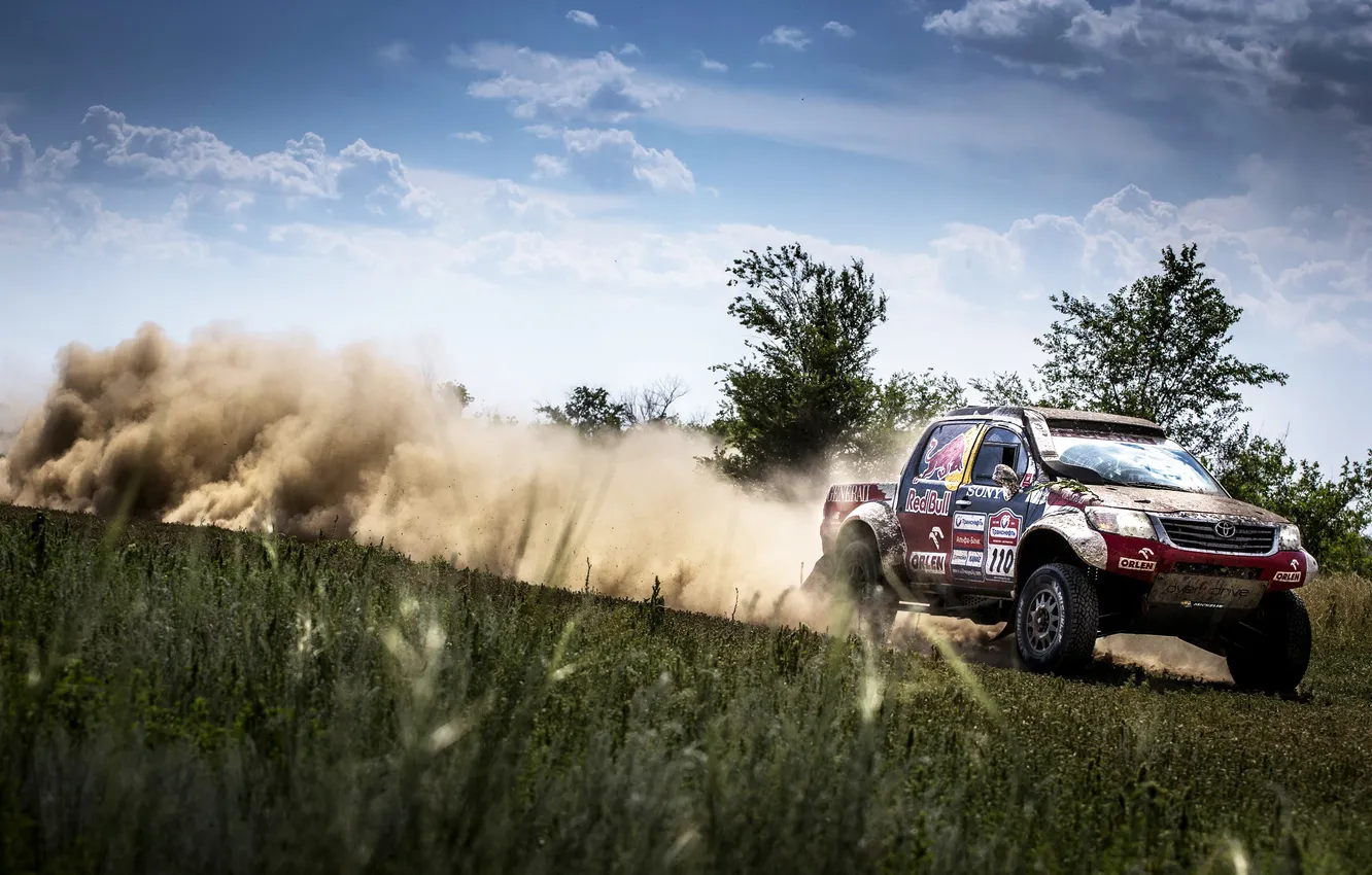 Photo wallpaper machine, auto, grass, sport, speed, dust, SUV, Toyota