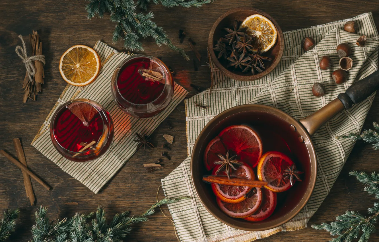 Photo wallpaper branches, table, lemon, tea, Board, glass, new year, towel